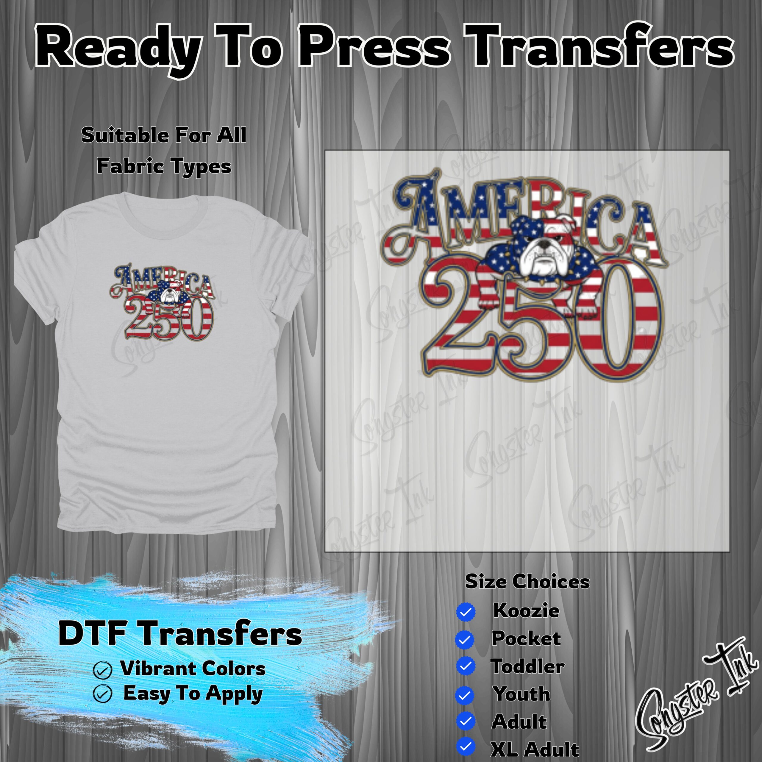 Ready To Press Transfer America 250 Bulldog, Patriotic DTF Heat Transfer, USA Flag Iron On, July 4th Veteran Military Gift