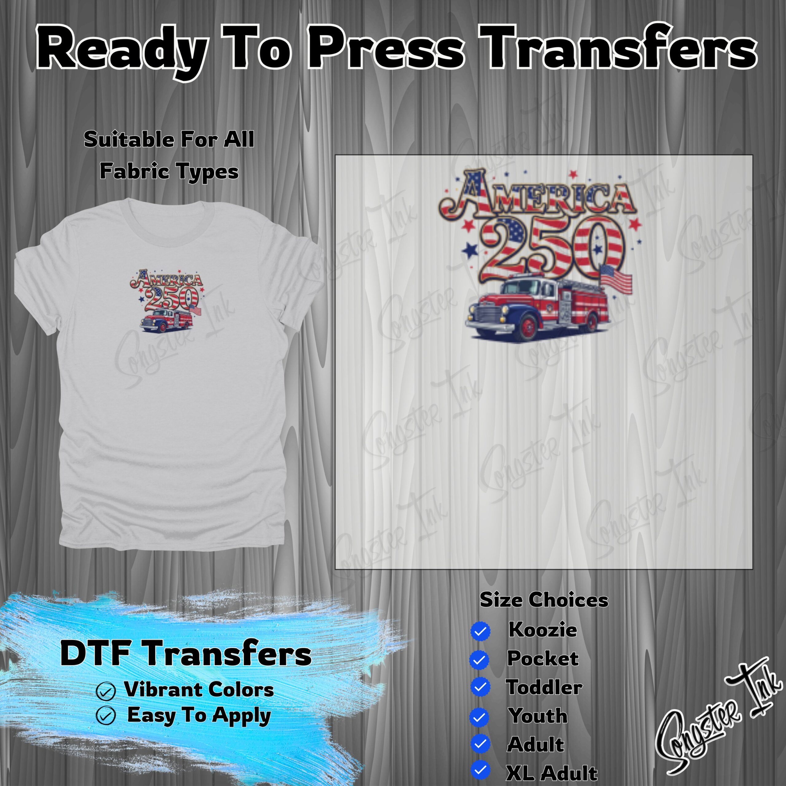 America 250 Fire Truck DTF Transfer, Ready To Press Heat Transfer, Patriotic USA Iron On For All Fabrics