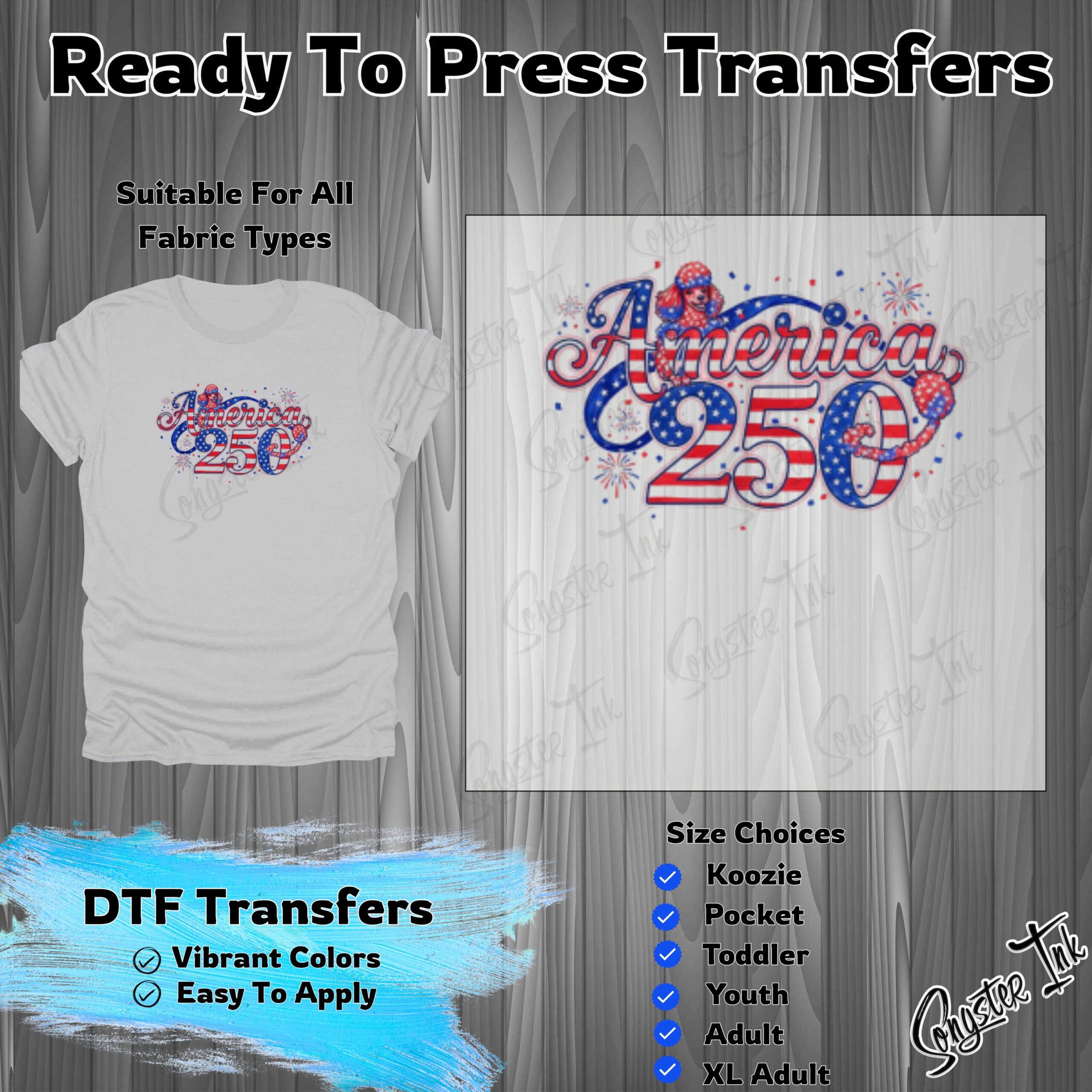 America 250 Patriotic Poodle DTF Transfer, Ready To Press Design for Independence Day Celebration