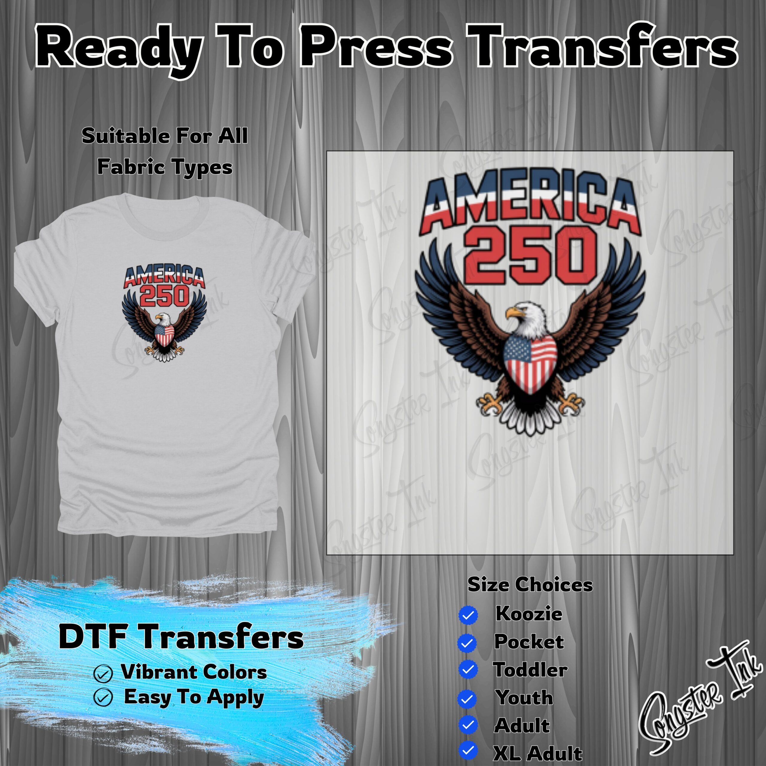 America 250th Anniversary Eagle DTF Transfer, Patriotic Ready to Press Design, USA Celebration Iron On Transfer