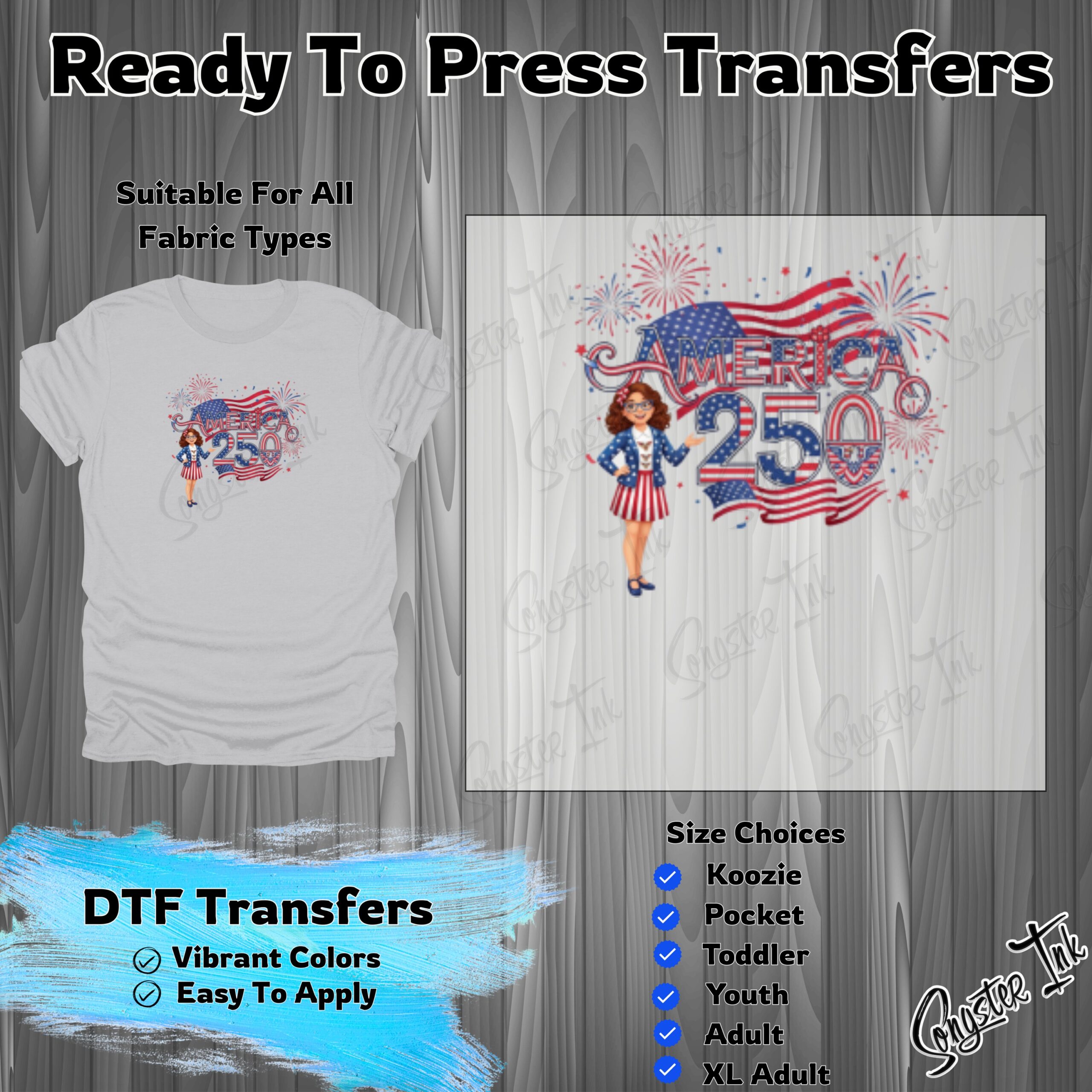 America 250 DTF Transfer, Patriotic Heat Press Design, Fourth of July Iron On, USA Anniversary Ready To Press for Custom Apparel
