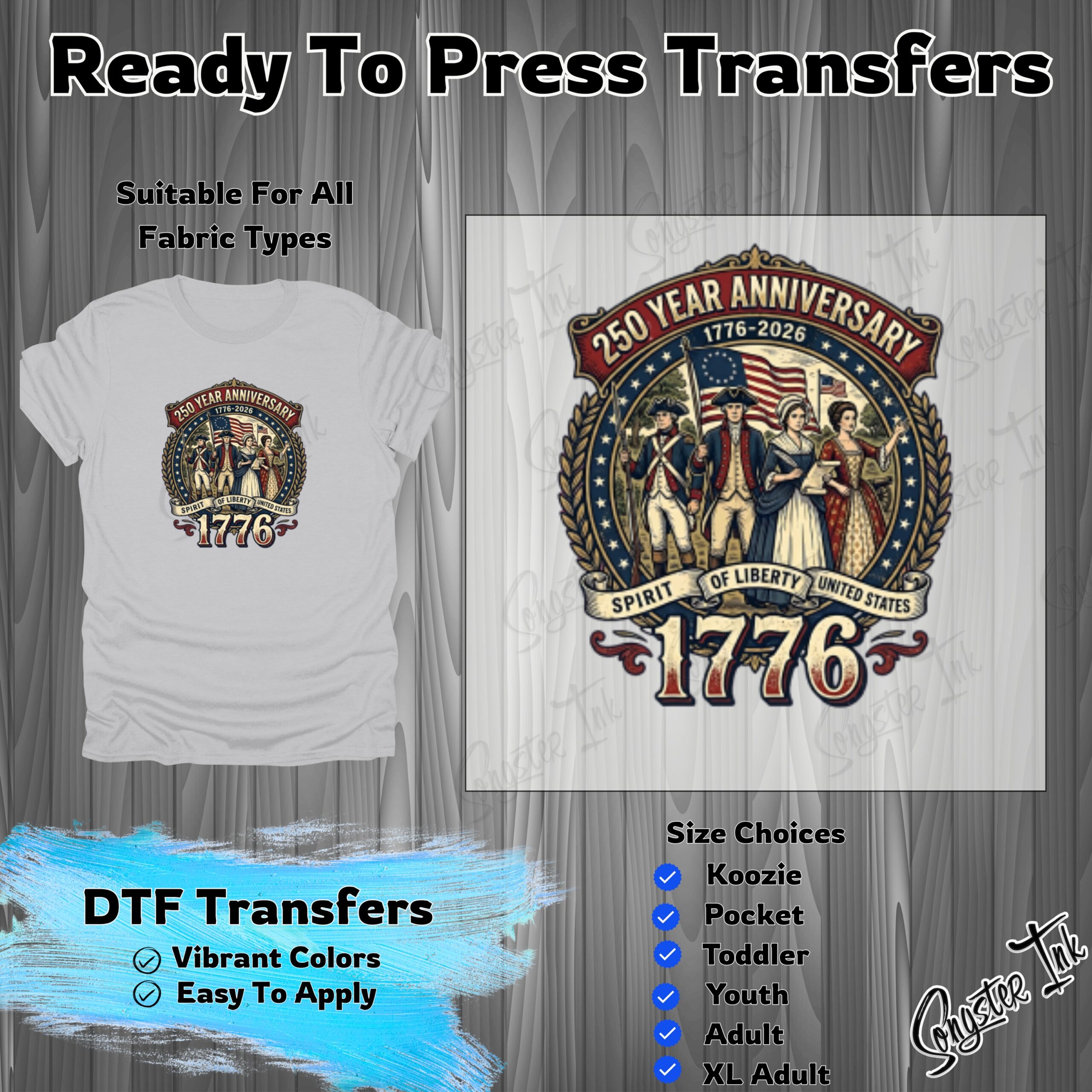 Patriotic 250 Year Anniversary 1776-2026 DTF Transfer | Spirit of Liberty Founding Fathers Ready to Press Iron On Transfer