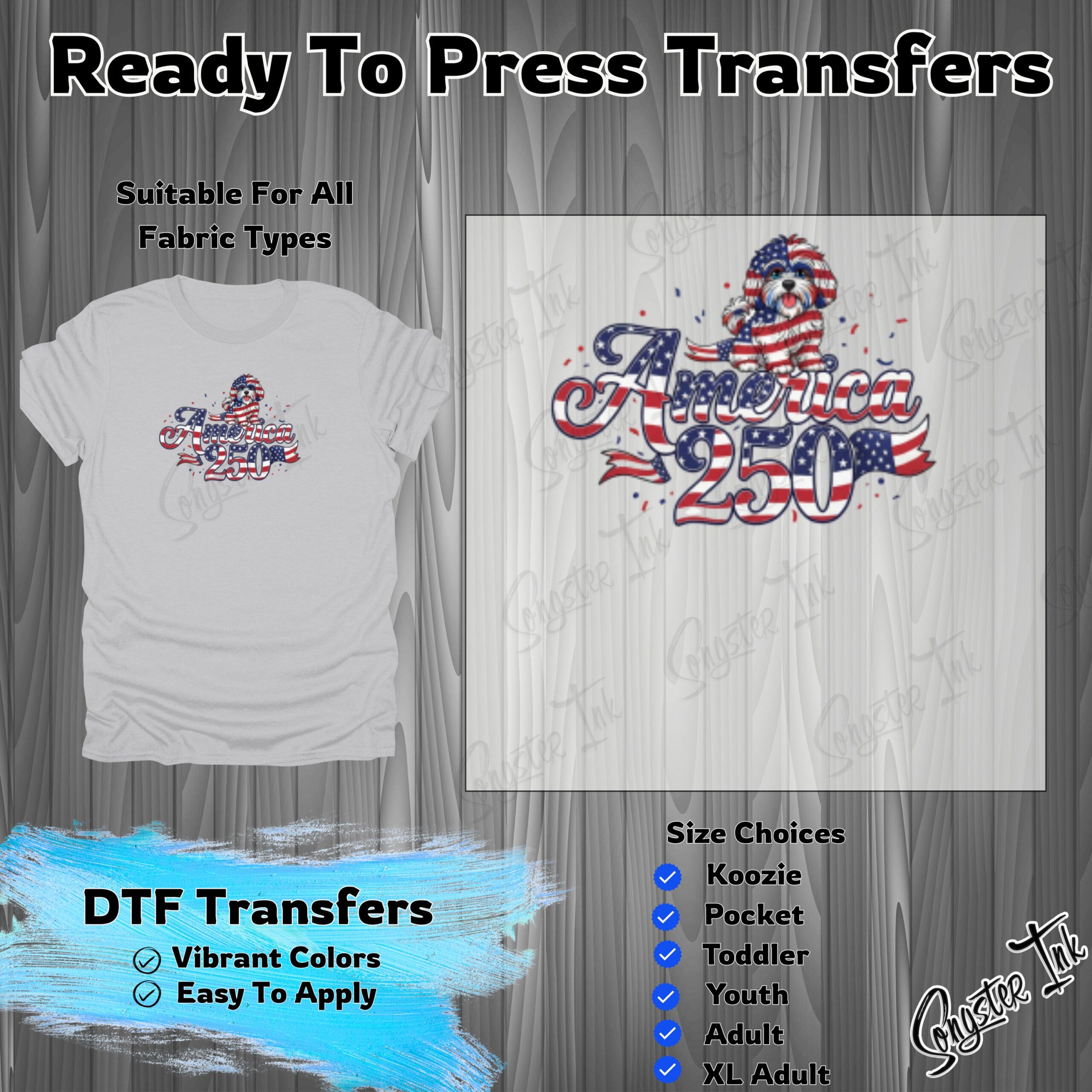 America 250 DTF Transfer, Patriotic Dog Flag Puppy Design, Ready to Press 4th of July Independence Day Transfer