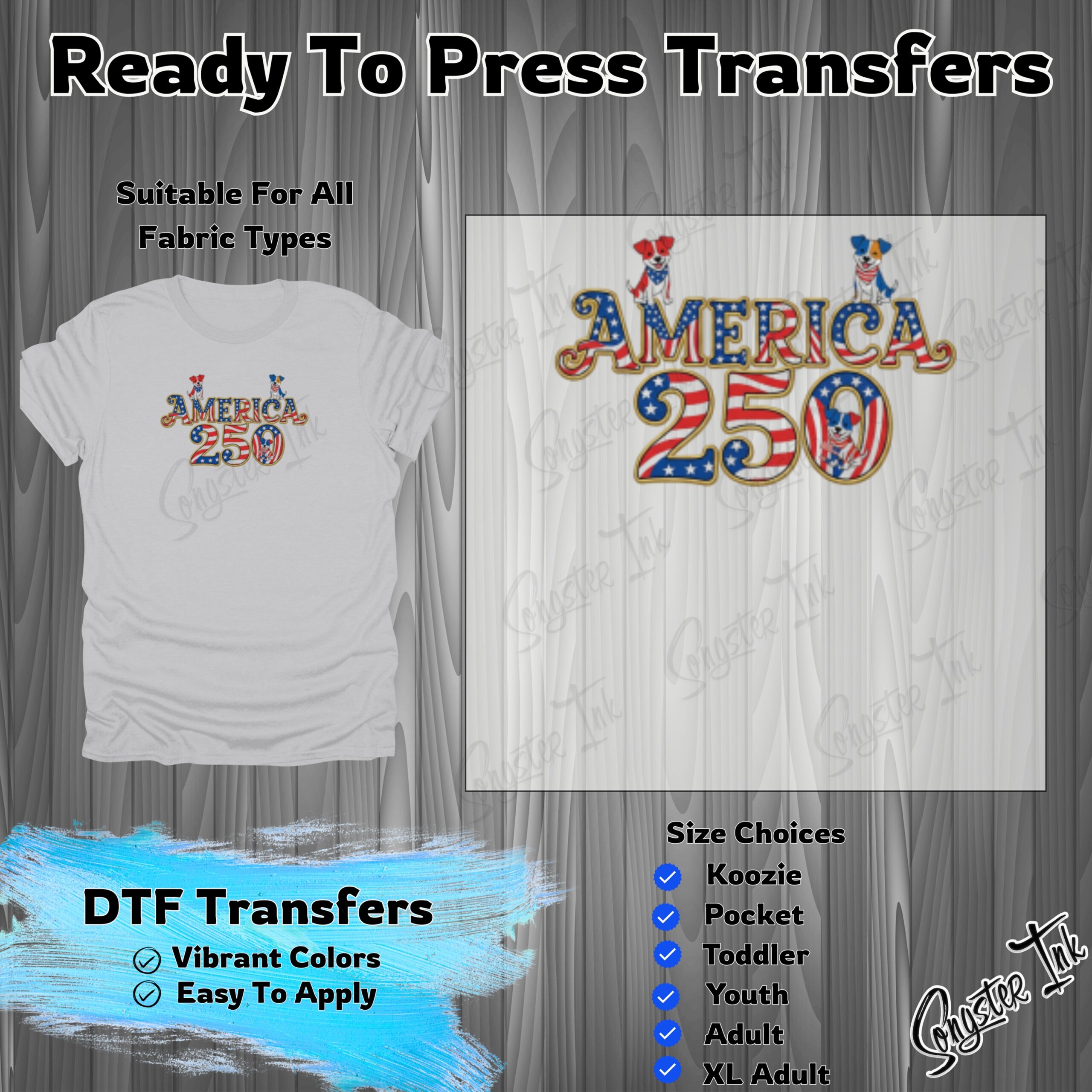 America 250 Patriotic Puppy DTF Transfer