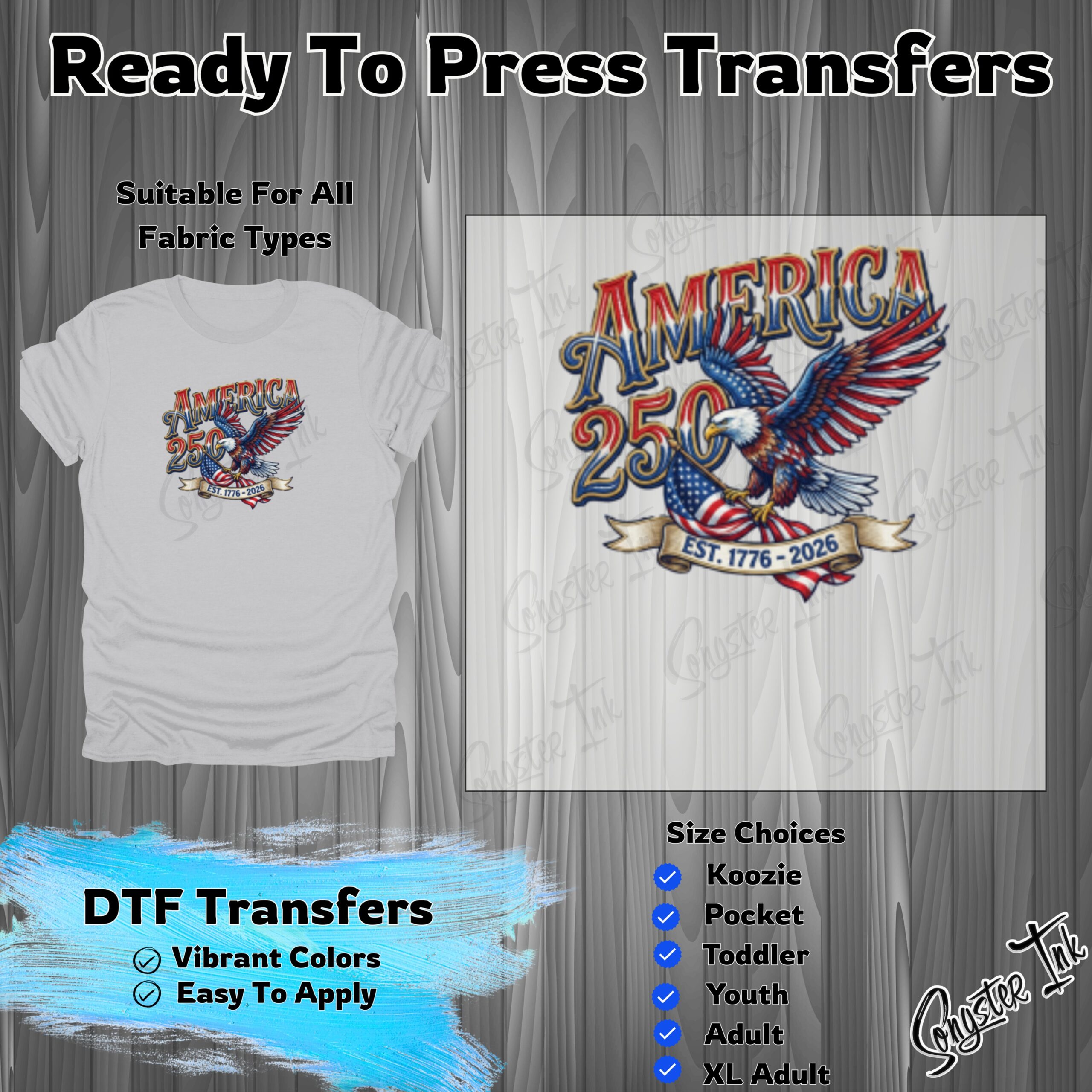 America 250 DTF Transfer, Patriotic Eagle Ready To Press 1776-2026 Design, Semiquincentennial Iron On Transfer