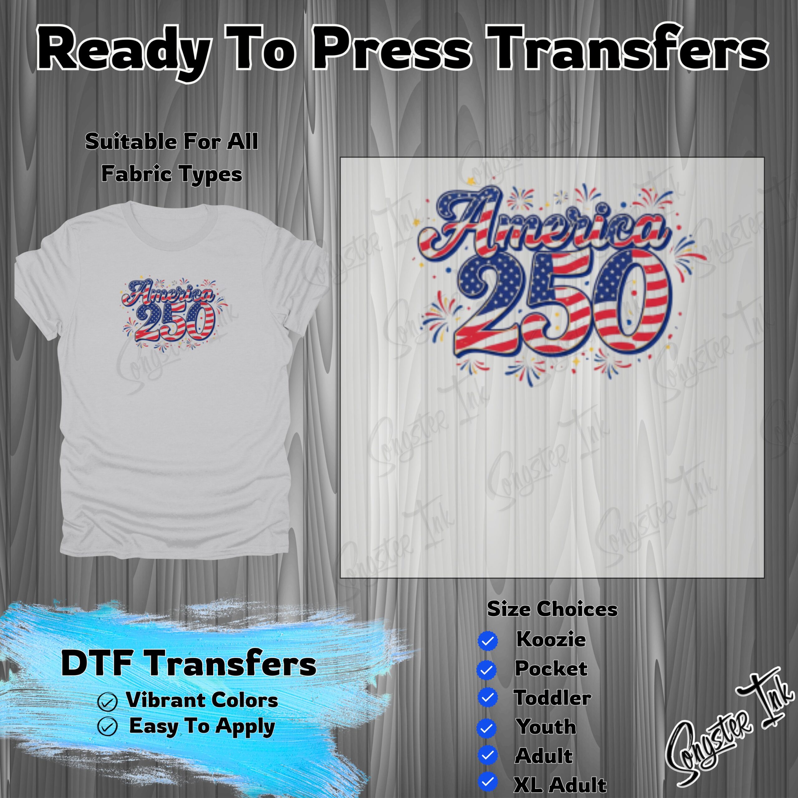 America 250 DTF Transfer - Patriotic USA Flag Print for 4th of July Celebration - Ready to Press Transfer