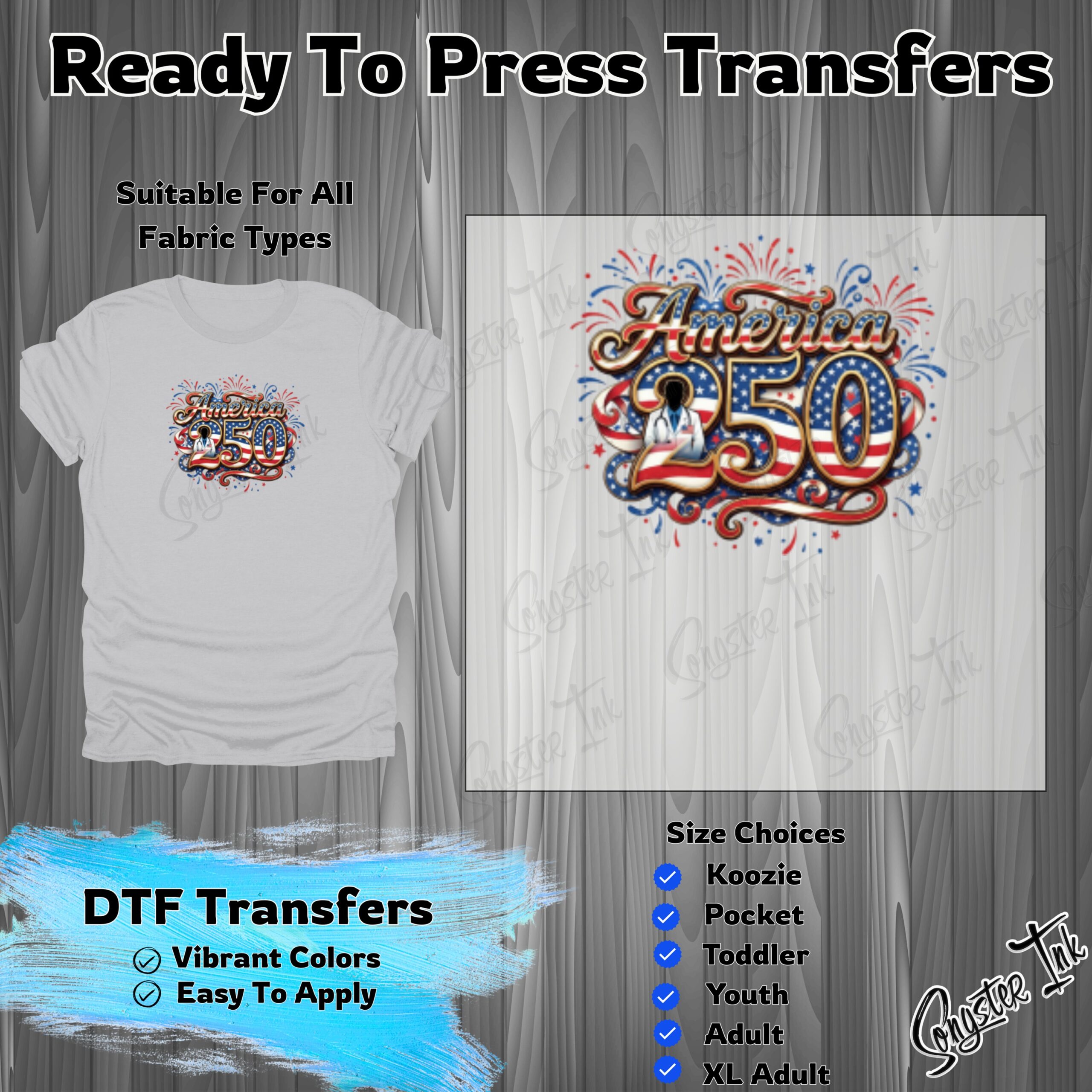 America 250 DTF Transfer, Patriotic Ready To Press Design, American Flag Iron On Decal for 4th of July Shirts, Custom Apparel Transfer