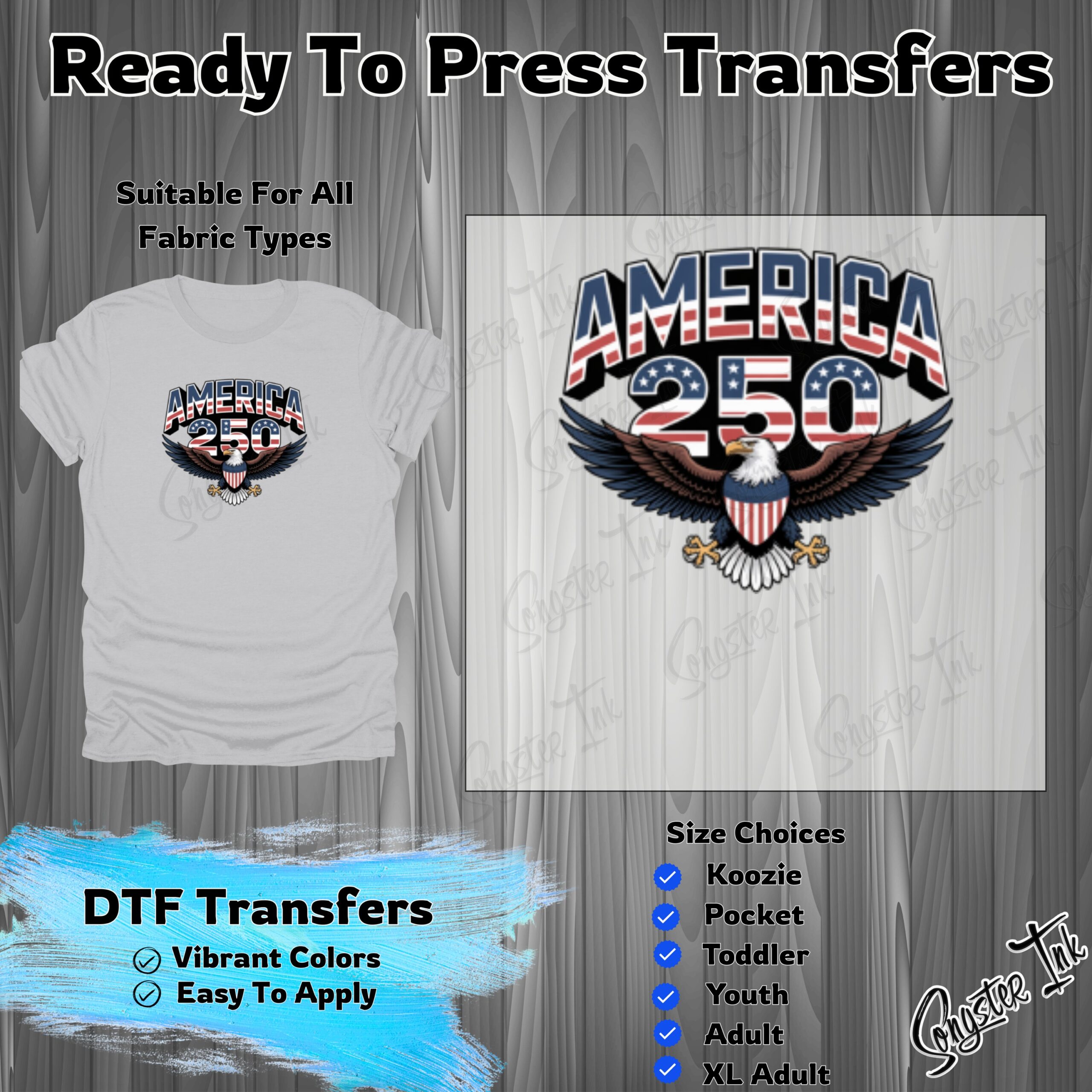 America 250 DTF Transfer, Patriotic Bald Eagle Heat Transfer, American Flag DTF Print, 4th of July Ready to Press Iron On