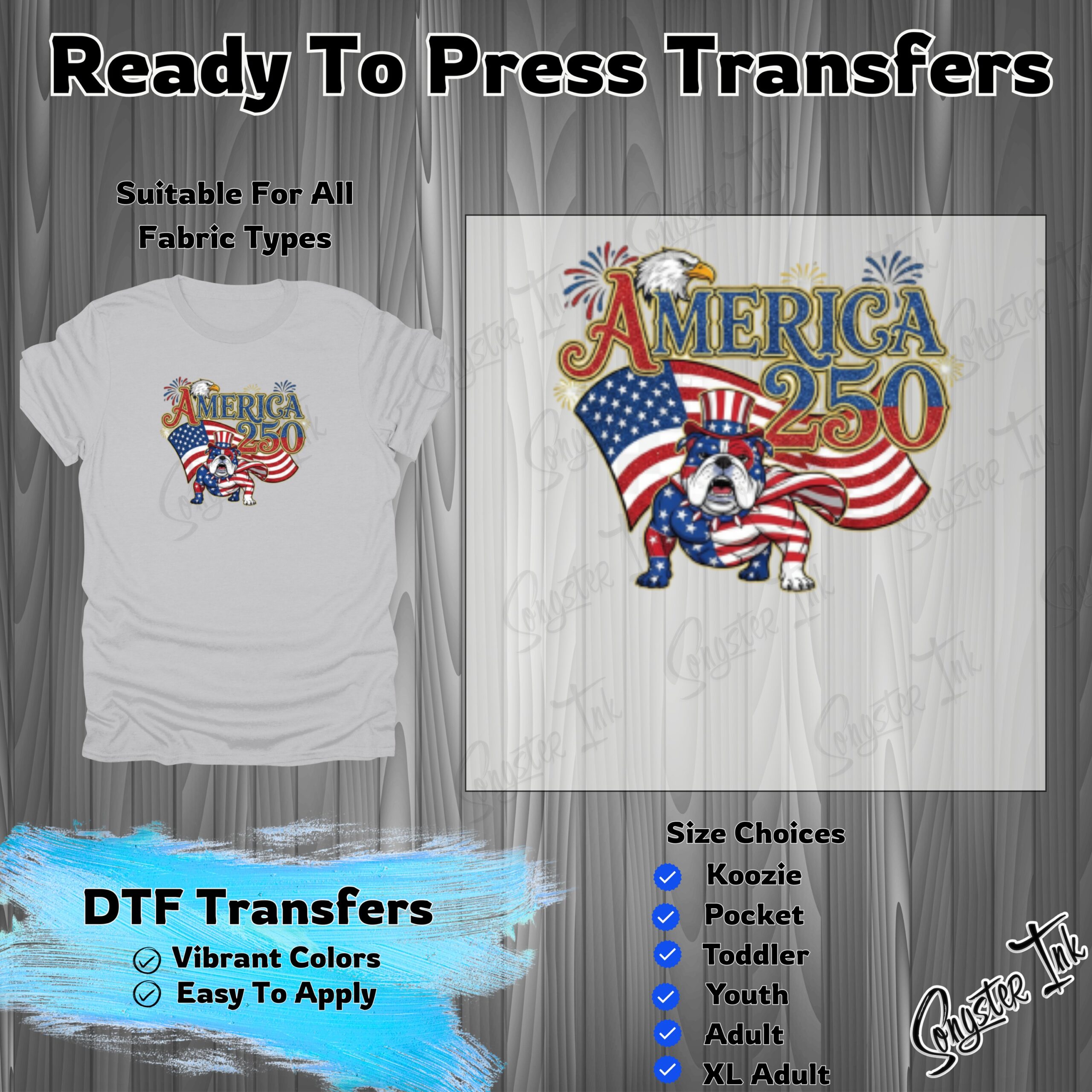 America 250 Patriotic Bulldog DTF Transfer, Ready To Press Independence Day Heat Transfer, 4th of July USA Flag Apparel