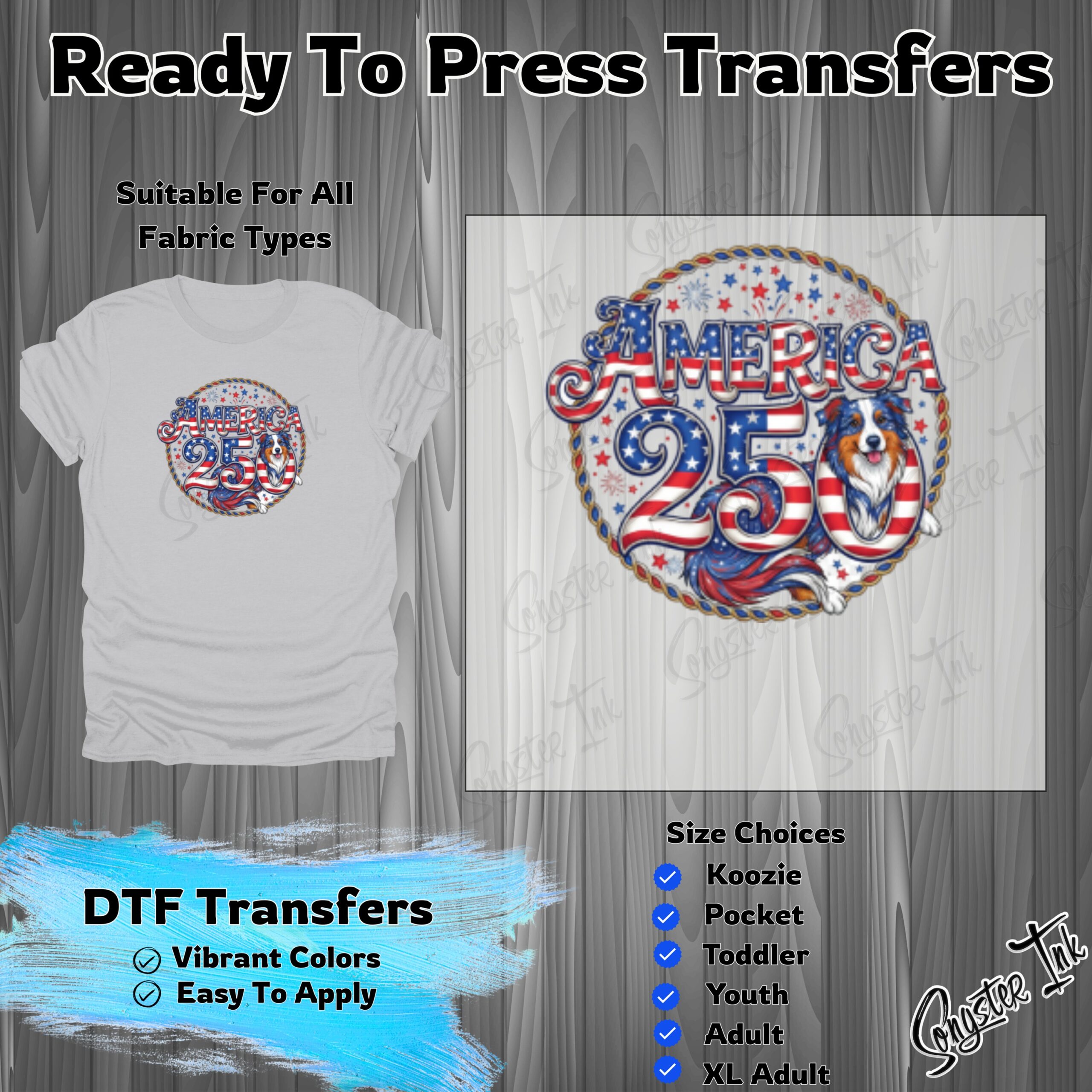 America 250 Australian Shepherd DTF Transfer | Patriotic Dog Ready To Press | 4th of July Independence Day Heat Transfer Design