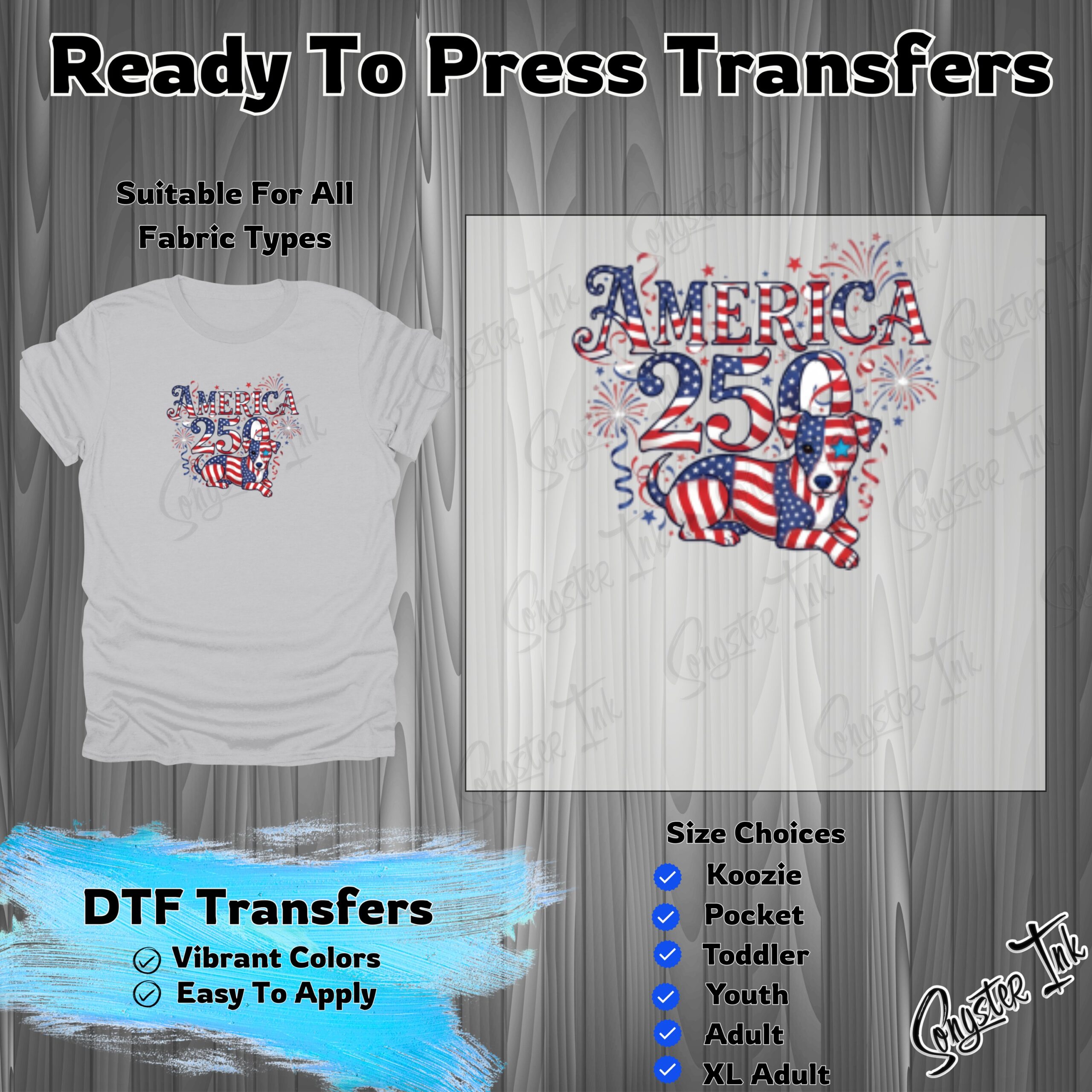 America 250 DTF Transfer, Patriotic Dog Ready To Press, Custom Koozie, Pocket, Youth, Adult, XL Transfers