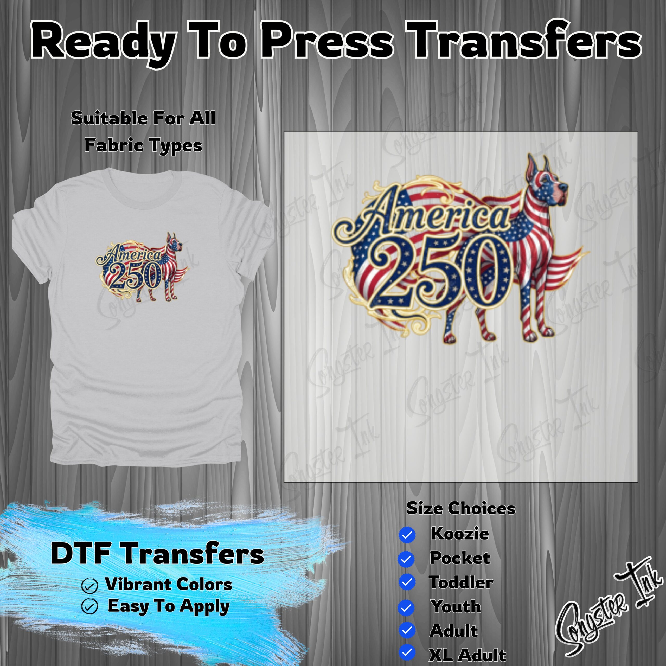America 250 Great Dane DTF Transfer, Patriotic Dog Ready To Press, American Flag Heat Transfer, USA Anniversary Iron On