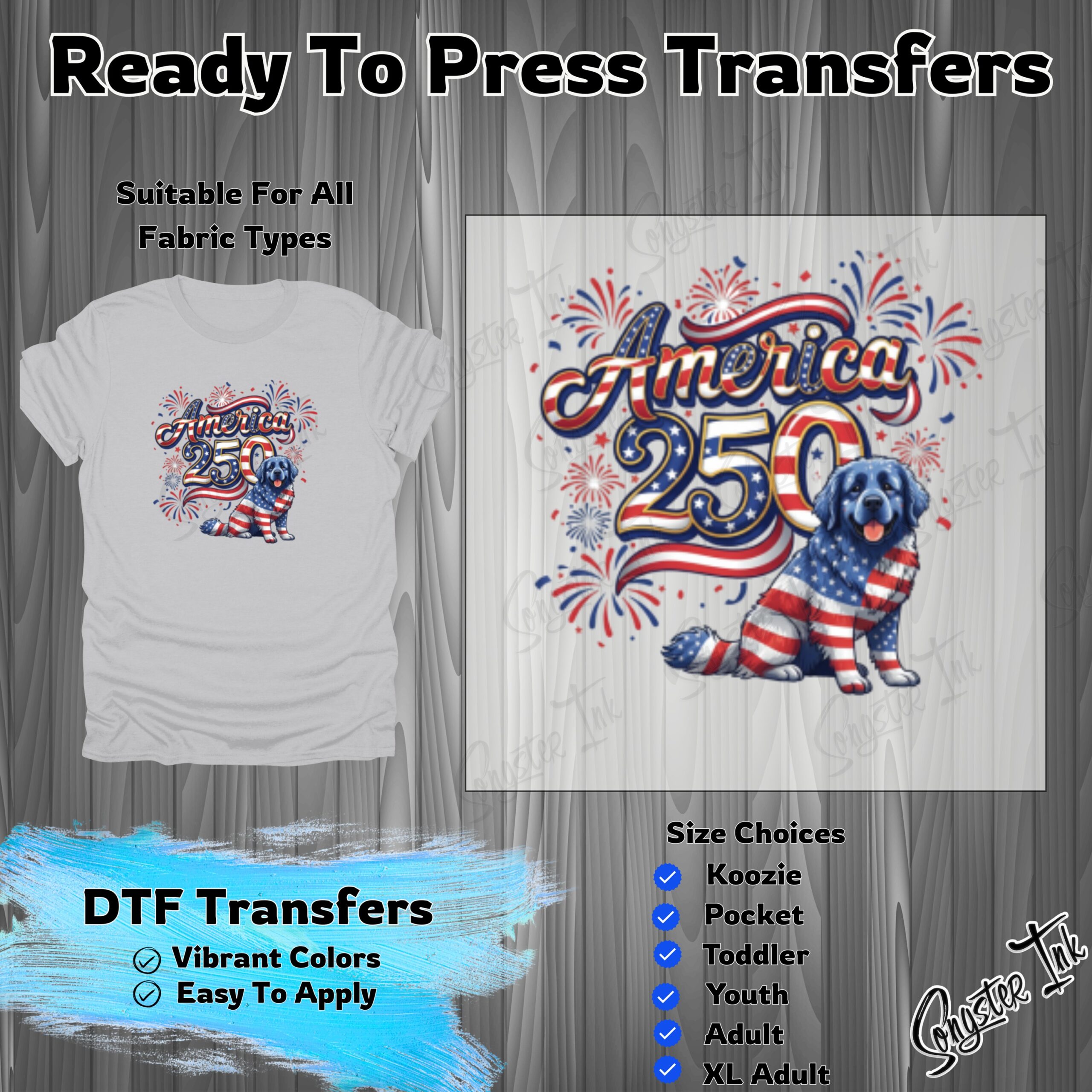 America 250 Dog DTF Transfer, Patriotic Puppy Iron On, Fourth of July Ready to Press Heat Transfer for Apparel