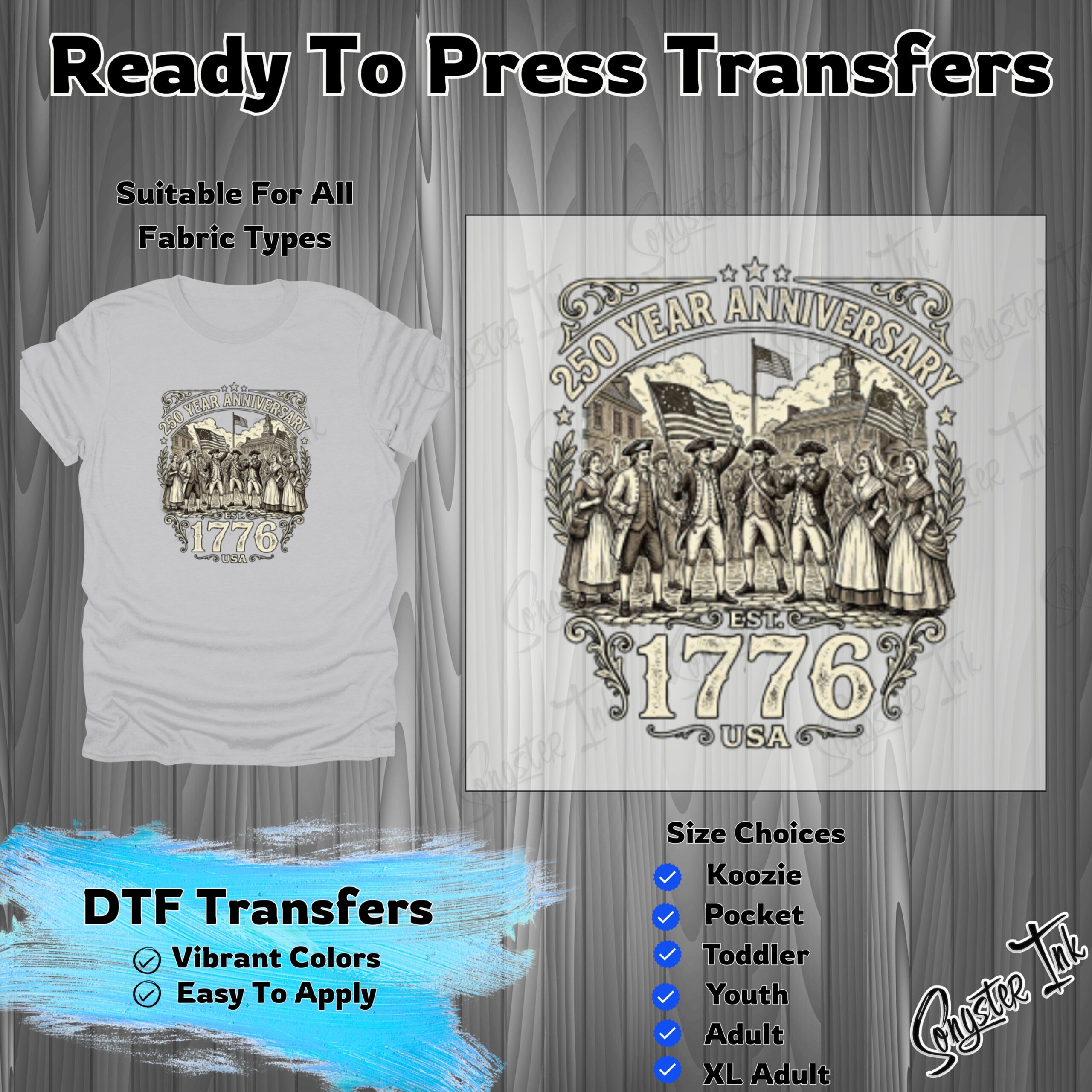 250 Year Anniversary 1776 USA DTF Transfer, Ready To Press Heat Transfer for All Fabric Types