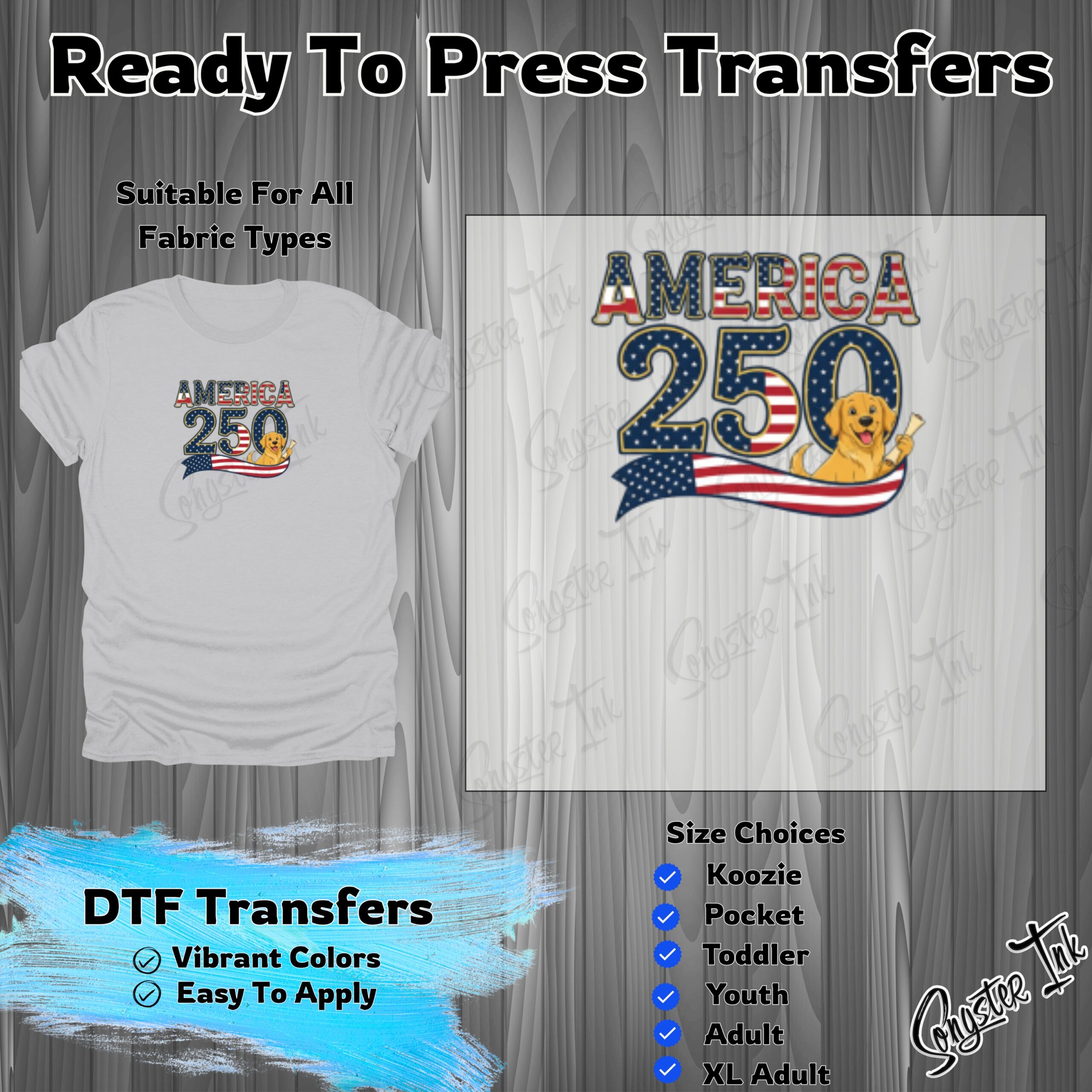 America 250 Golden Retriever DTF Transfer, Patriotic Dog Ready to Press Heat Transfer, 4th of July Independence Day Iron On