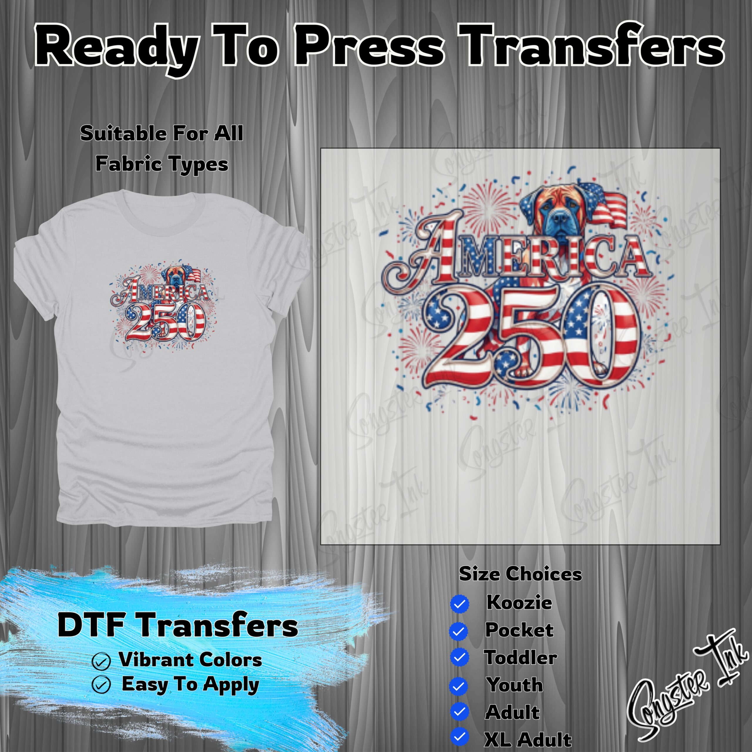 America 250 Mastiff Dog Fireworks DTF Transfer, Patriotic Ready To Press Transfer for All Fabrics