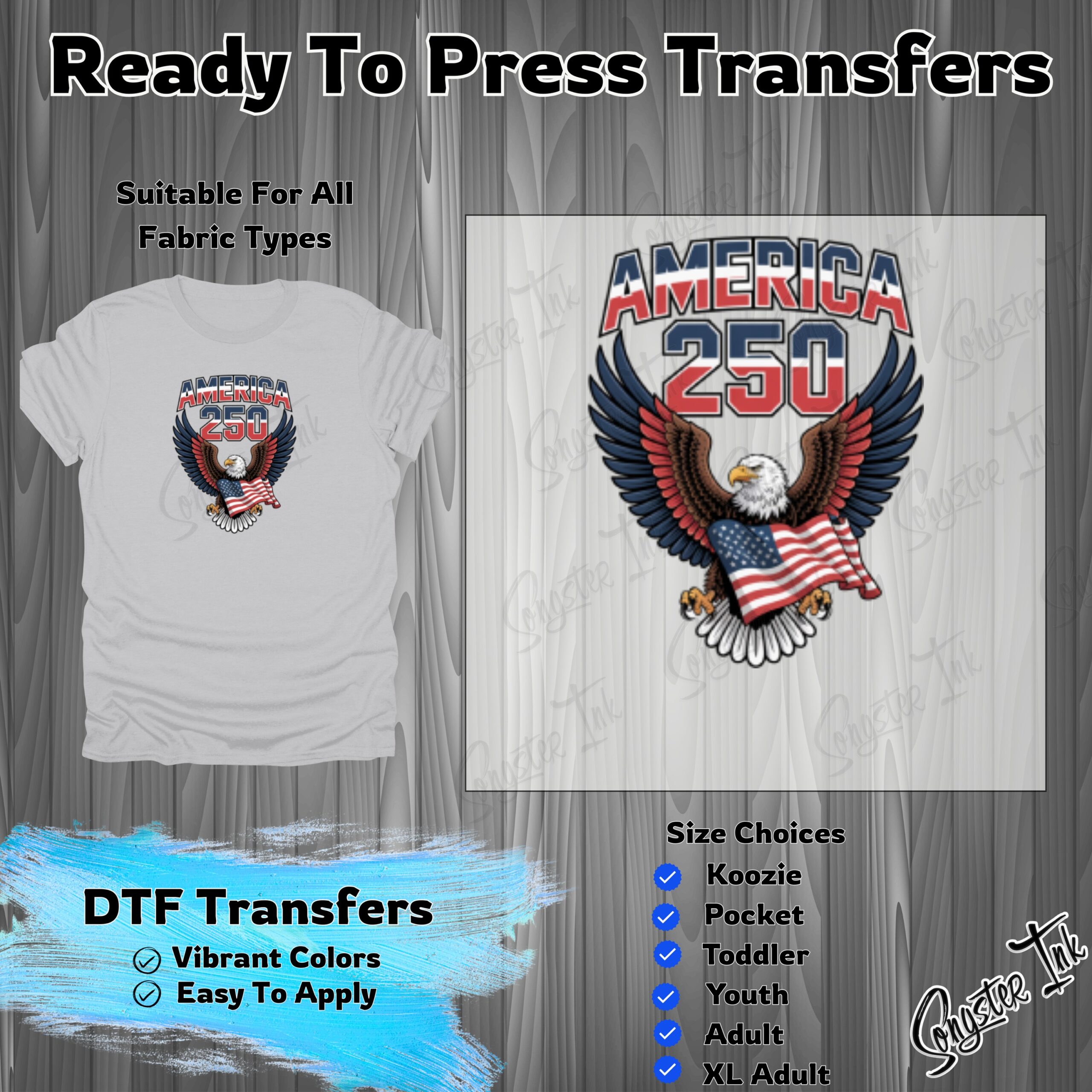 America 250 DTF Transfer, Patriotic Bald Eagle Flag Ready To Press Iron On, 4th of July USA Pride Anniversary
