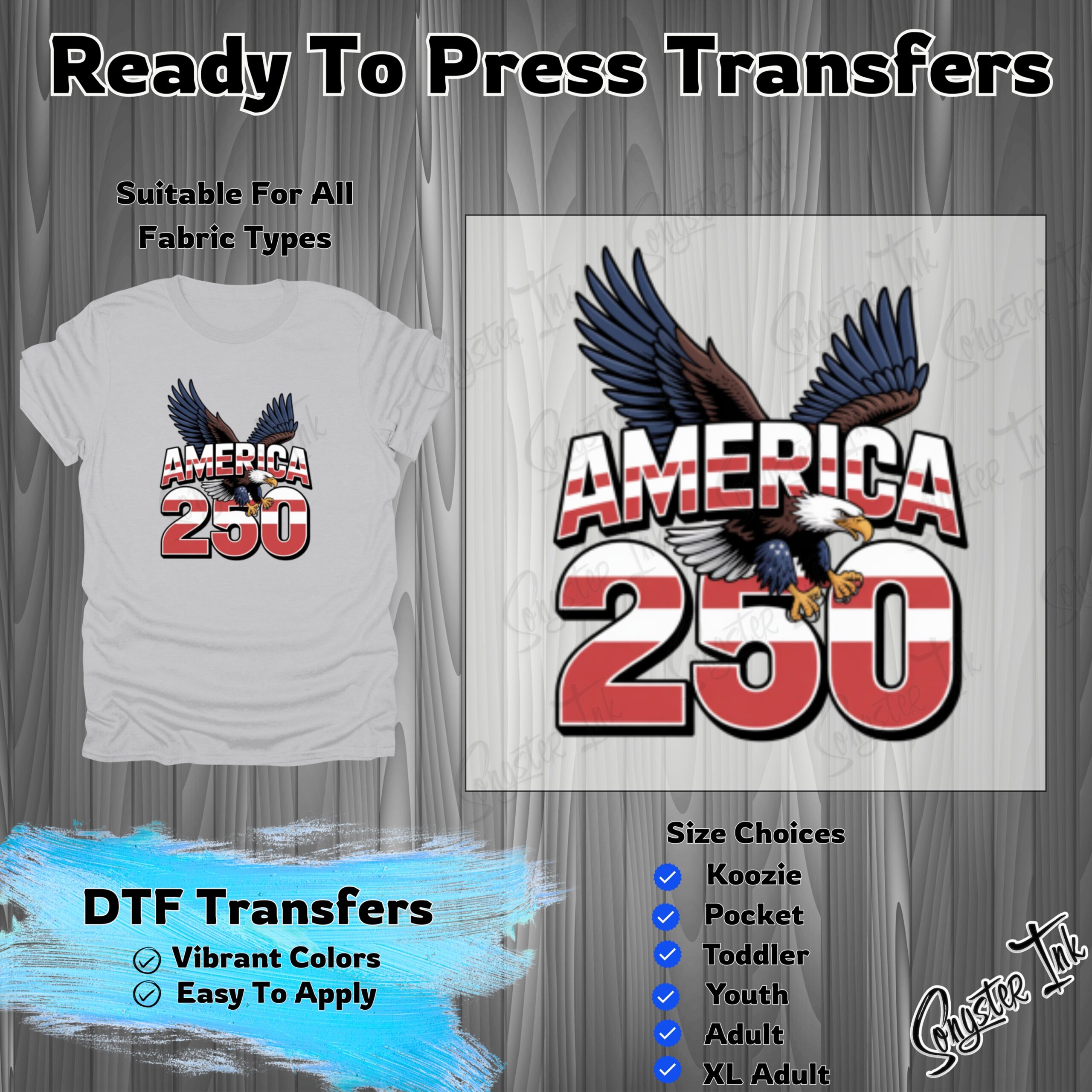 Patriotic America 250 DTF Transfer, Bald Eagle Ready To Press Design, USA Anniversary Heat Transfer Print
